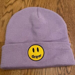 Pre Owned house of Drew Winter Hat Beanie OS smiley face purple lavender